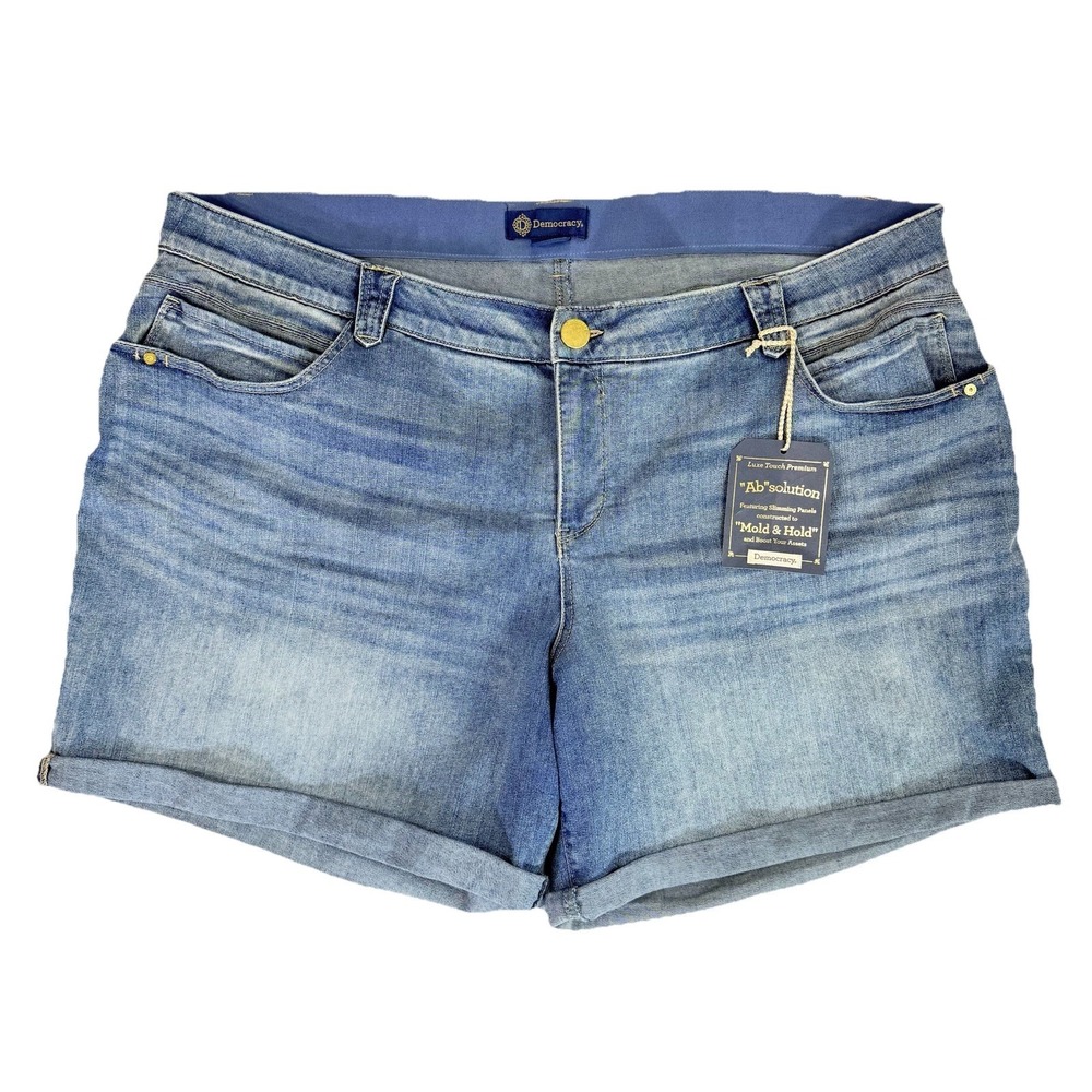 NWT Democracy Sz 24W "Ab"solution Jean Shorts Stretch Hi-Rise Whiskered Med Wash